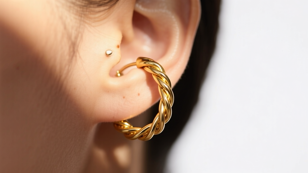 Macro shot of a solid gold twisted rope hoop earring in a lobe piercing, warm sunlight highlighting the twisted texture.