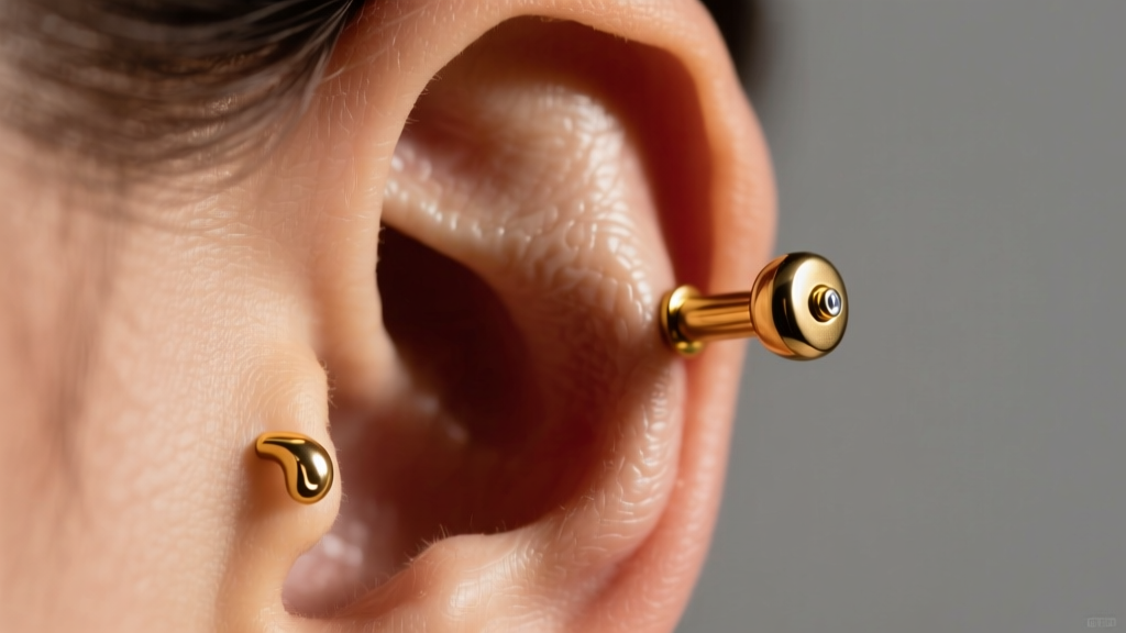 Close-up of an ear with a 16-gauge gold daith clicker and rook barbell, showing inner cartilage folds under warm studio lighting.