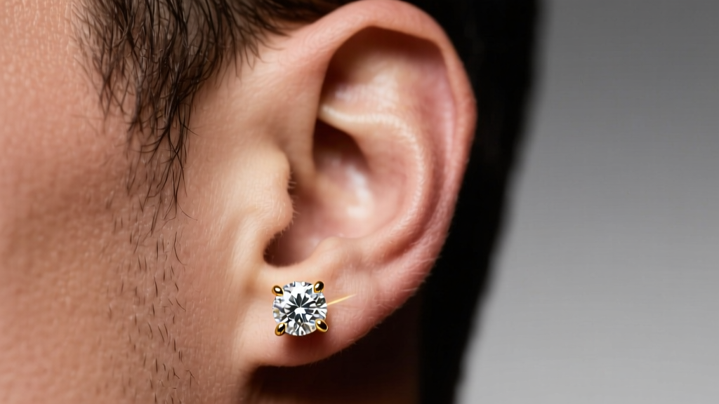 Close-up of male athlete ear wearing 2-carat round diamond stud in 14k yellow gold 6-prong setting under soft studio lighting