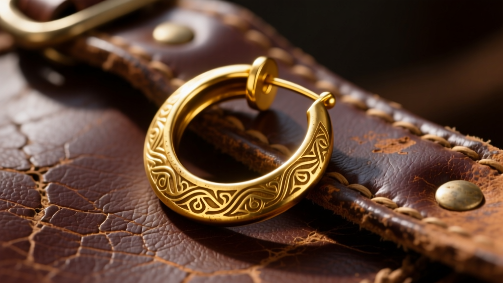 Rugged vintage-style 14k yellow gold sleeper hoop earring resting on worn leather, evoking a classic Western frontier aesthetic
