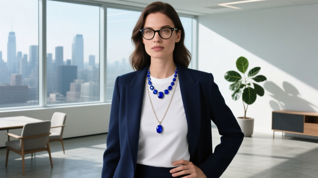 Woman in a blazer layering a lapis lazuli necklace eyeglass holder over a white crewneck t-shirt in a modern sunlit office space