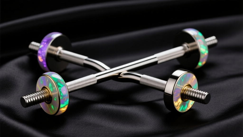 Macro flat-lay of a titanium surface barbell with opal ends on dark silk fabric, soft moody lighting, high-end jewelry photography.