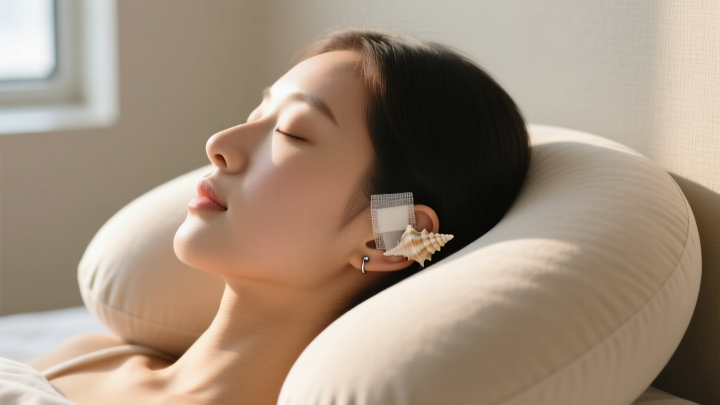 Side profile of a woman sleeping on a U-shaped travel pillow, demonstrating how to avoid pressure on a healing conch piercing wrapped in sterile gauze