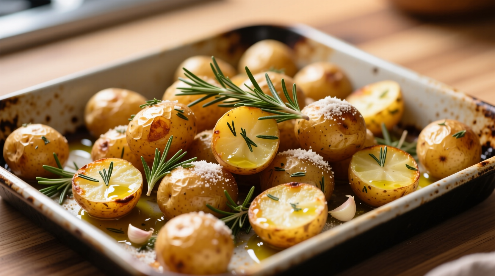 Golden roasted potatoes with herbs on baking sheet