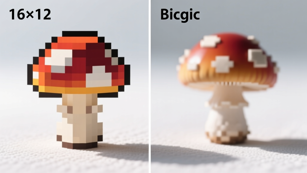 Comparison of a 16x16 pixel art mushroom upscaled to 64x64 using nearest neighbor versus bicubic interpolation showing crisp edges versus blurry artifacts.