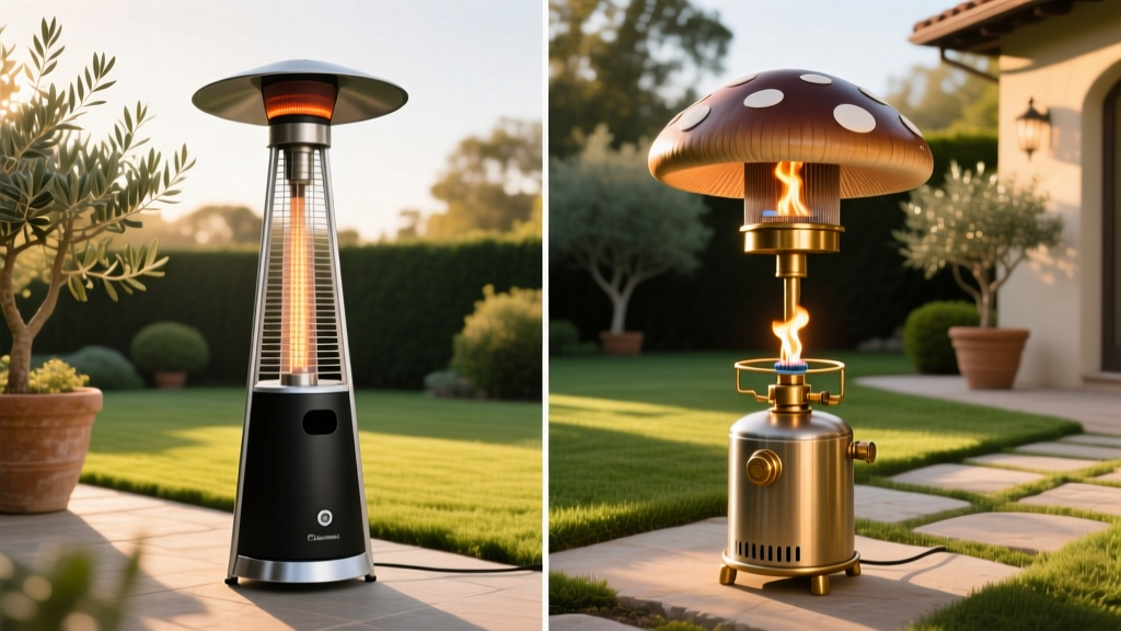 Side-by-side comparison of an electric infrared patio heater and a propane mushroom heater in a landscaped backyard setting
