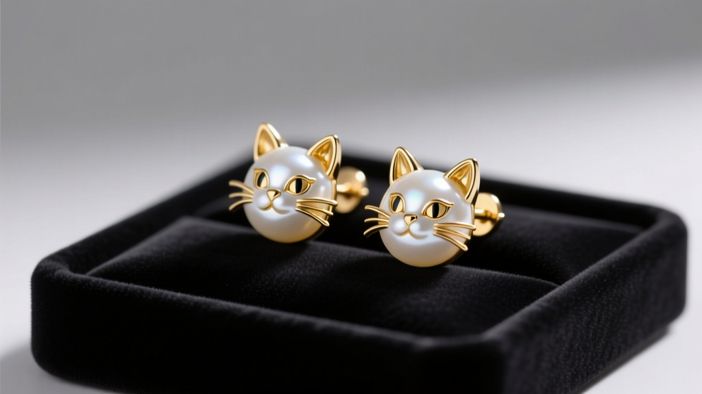 14k gold cat stud earrings with a lustrous white freshwater pearl body, resting on a dark velvet display in soft studio lighting