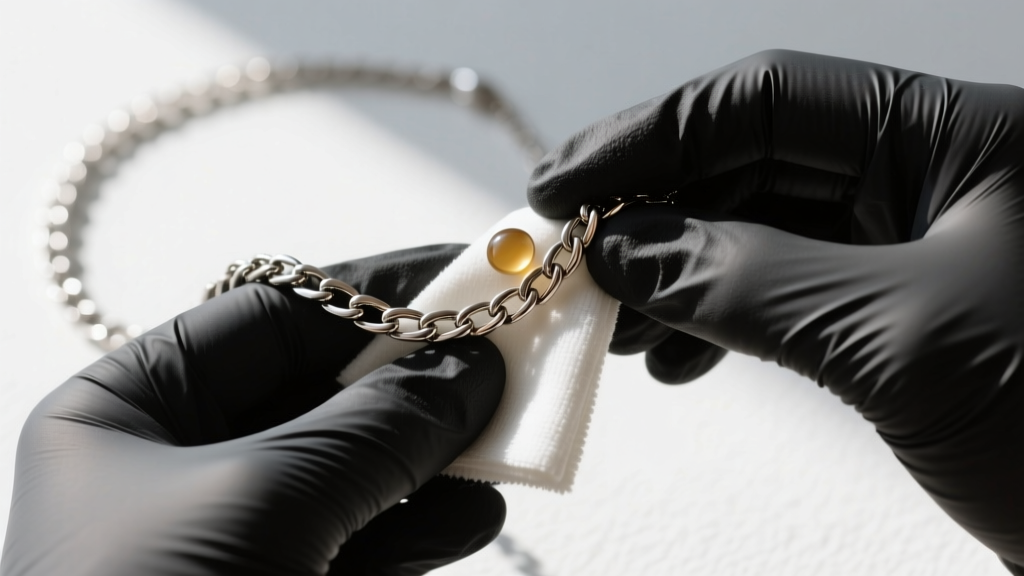 Nitrile-gloved hands gently polishing a tarnished silver-tone chain necklace with a microfiber cloth and mild surfactant