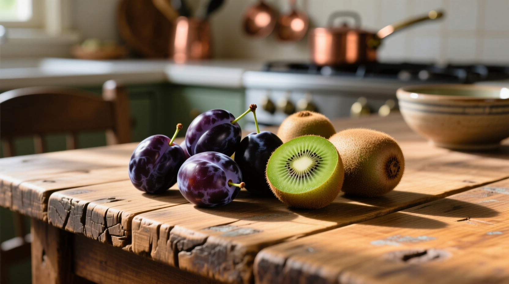 Fresh prunes and kiwi on wooden table