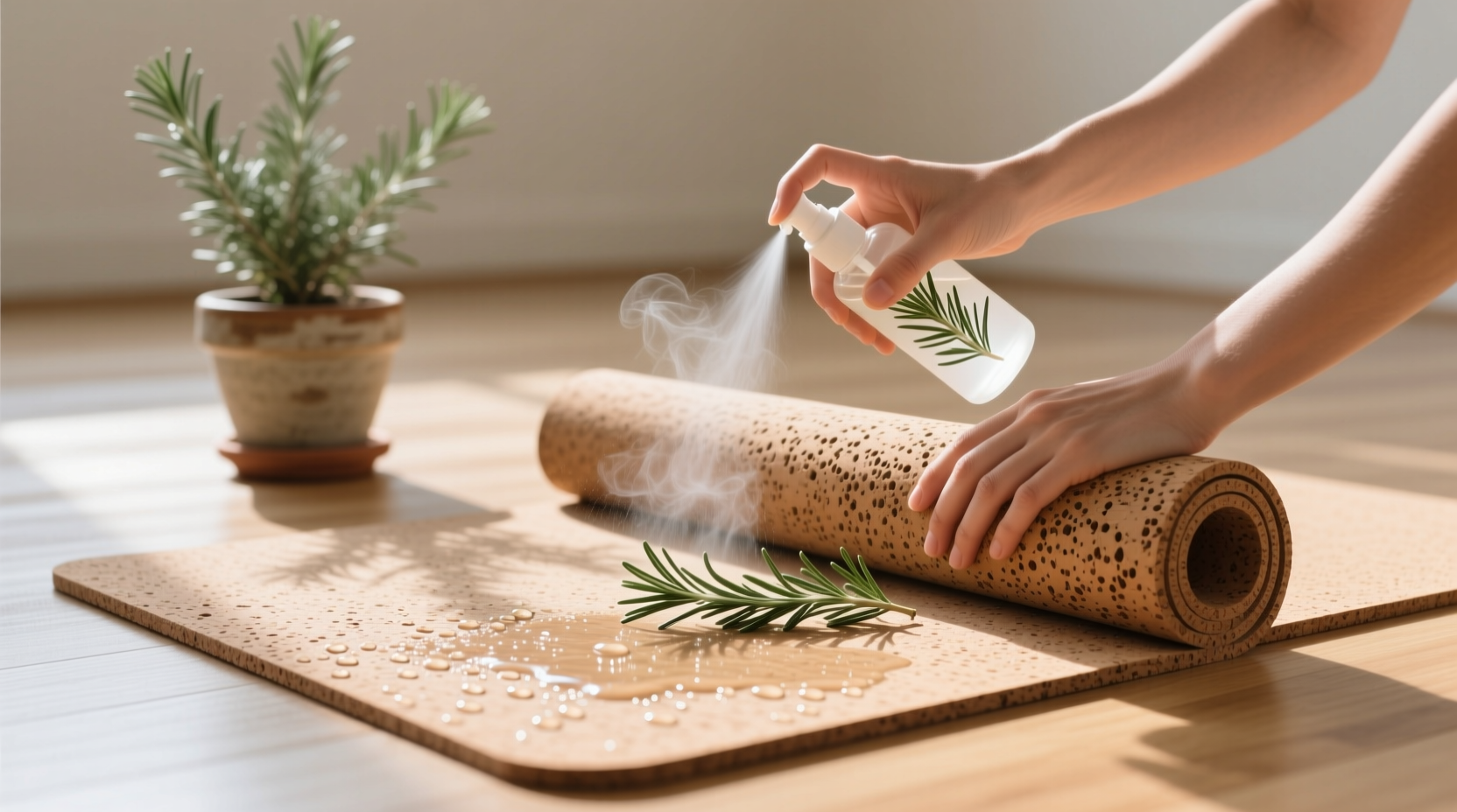 eco friendly cleaning tips cork mat rosemary hydrosol