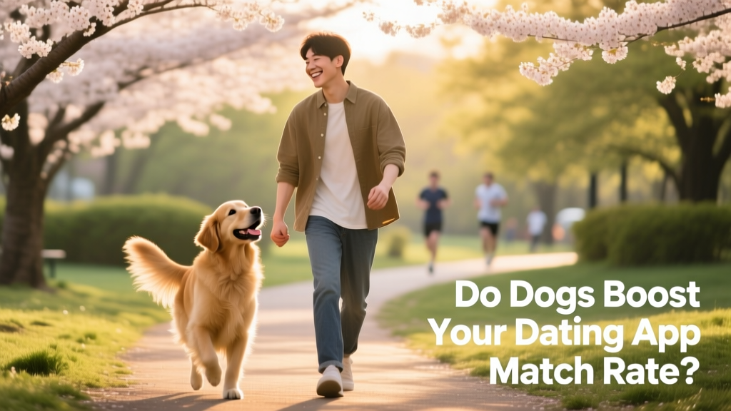 A joyful person walking their dog along a sunlit park path, both smiling naturally