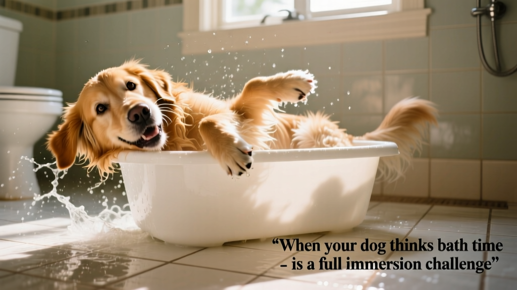Golden Retriever playfully rolling in a plastic bathtub on the bathroom floor