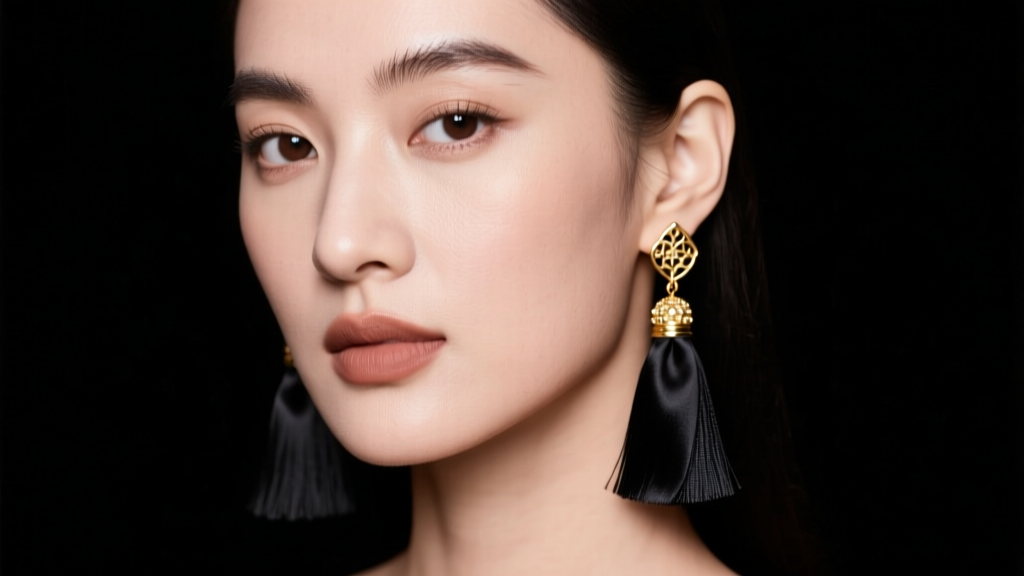 Close-up of a model wearing 3-inch black silk tassel earrings with 18k gold vermeil caps, studio lighting, dark background
