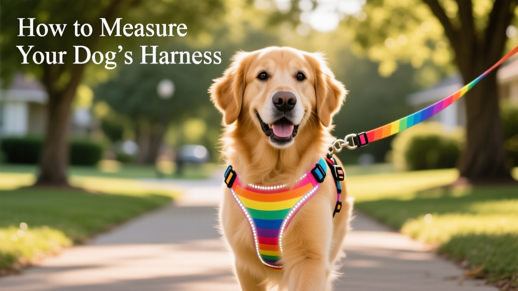 A dog happily walking on leash with a brightly colored, well-fitted harness featuring reflective trim