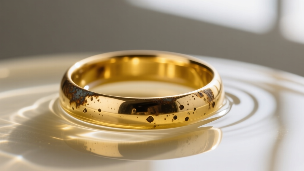 Close-up of a tarnished ring half-dipped in plating solution, revealing bright fresh 18k yellow gold on the submerged lower half.