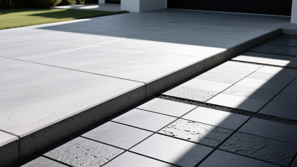Smooth gray poured concrete driveway edge meeting tightly fitted charcoal interlocking paving stones on a patio in bright sunlight