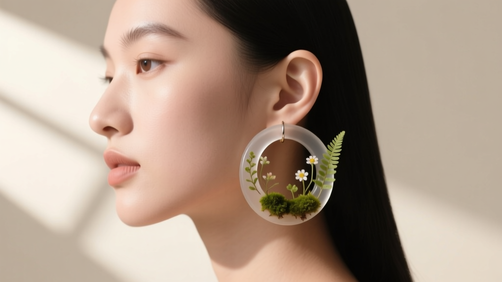Side profile of a model wearing lightweight bio-resin hoop earrings with embedded flora, showcasing the matte finish and ear fit.