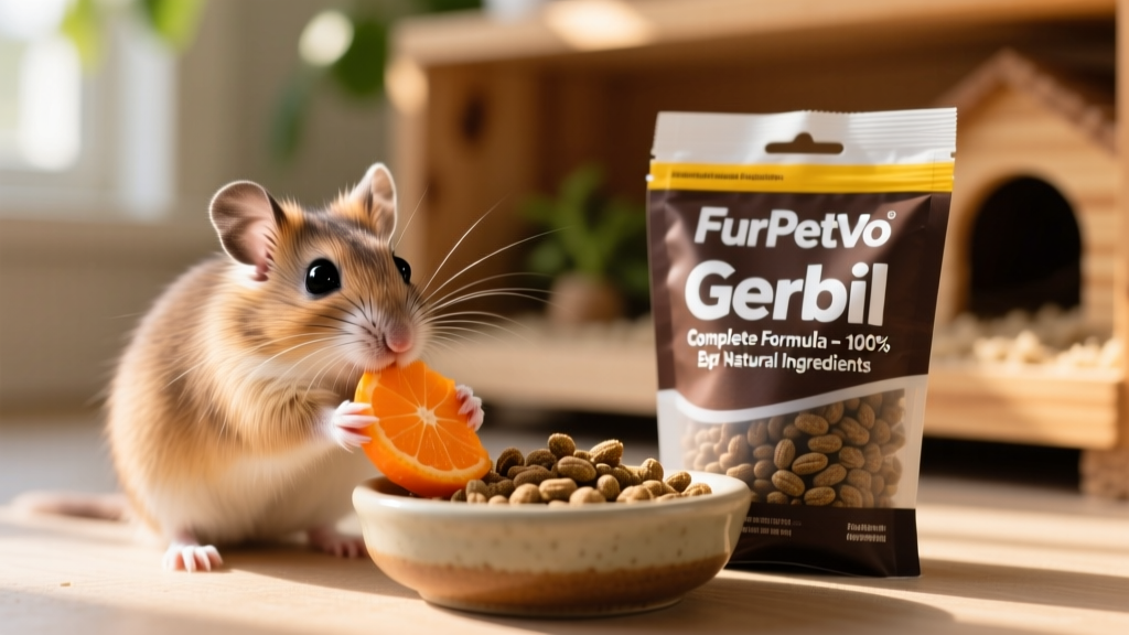 A healthy gerbil nibbling a piece of carrot beside a bowl of FurPetVo pellets