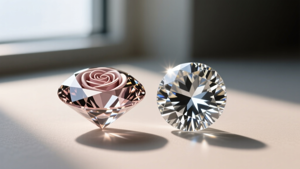 Macro photo of a rose-cut diamond beside a brilliant-cut diamond, highlighting the flat base and domed faceted top surface.