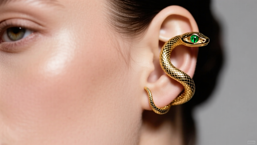 Close-up of a model wearing an 18k gold serpent ear cuff wrapping around the helix, with a small emerald eye, studio lighting