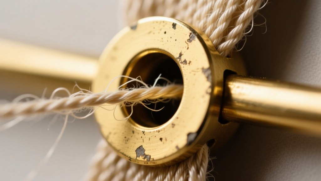 Macro photography of frayed silk thread pulling through a gold spacer bar hole, highlighting structural jewelry weakness and wear.