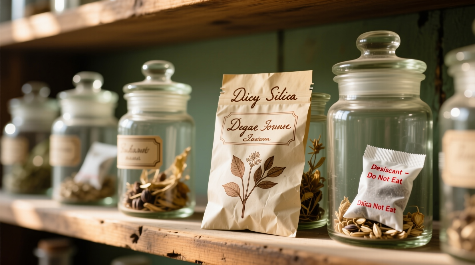 Properly labeled seed packets in glass jars with silica gel