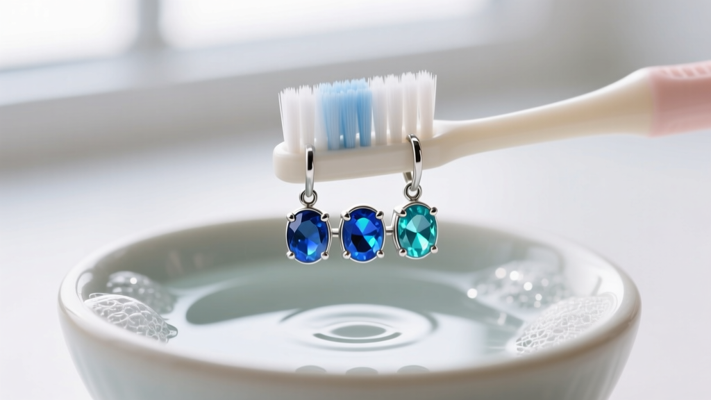 Close-up of a soft baby toothbrush gently cleaning a sterling silver blue opal triplet stud earring in a small bowl of soapy water.