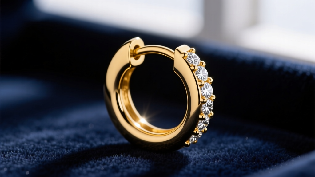 Macro shot of 12mm solid 14k yellow gold huggie earring with clicker closure and micro-prong diamonds on dark velvet background.