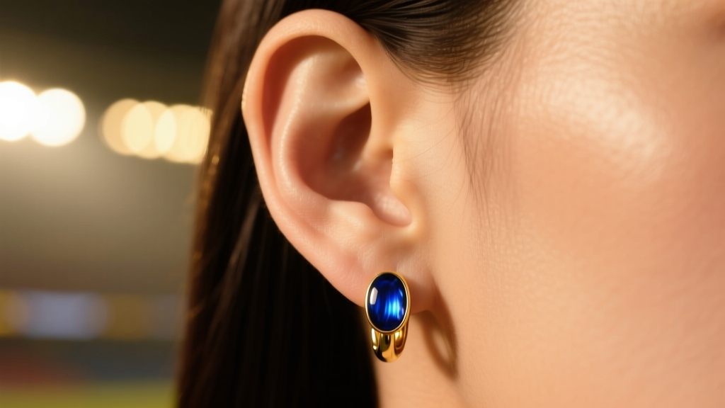 Close-up of an earlobe wearing a 14k gold huggie earring with deep Honolulu blue vitreous enamel, soft stadium lighting background.
