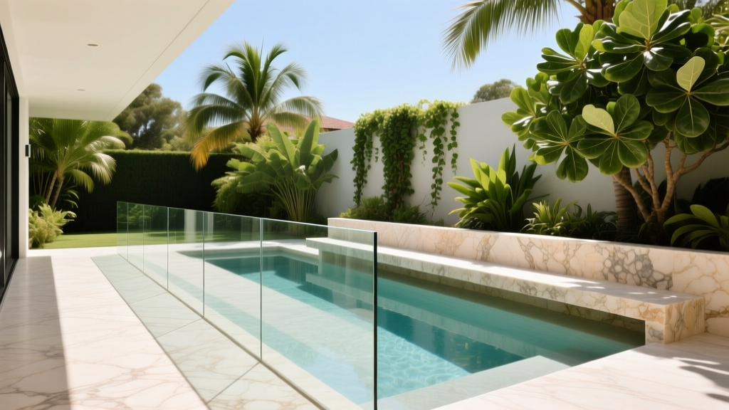 Luxury backyard oasis featuring light-colored travertine pool decking, modern glass railings, and a sun shelf under bright midday sun