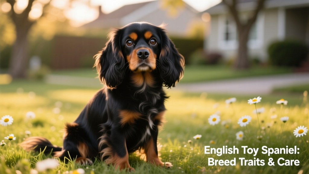 Black-and-brown English toy spaniel sitting calmly on grass, showcasing its silky coat and expressive eyes