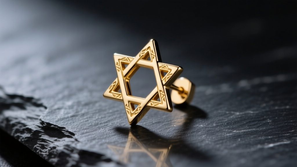 Macro photo of a delicate 14k gold vermeil Star of David earring on dark slate, highlighting the intricate geometric joints