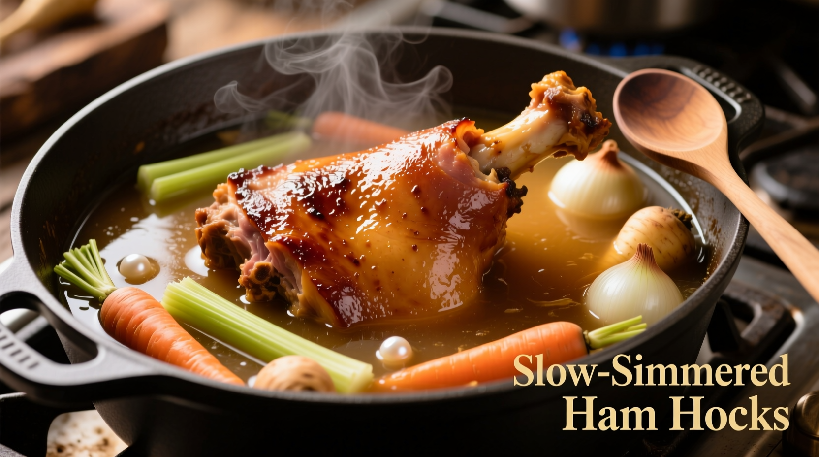 Perfectly cooked ham hocks in broth with vegetables