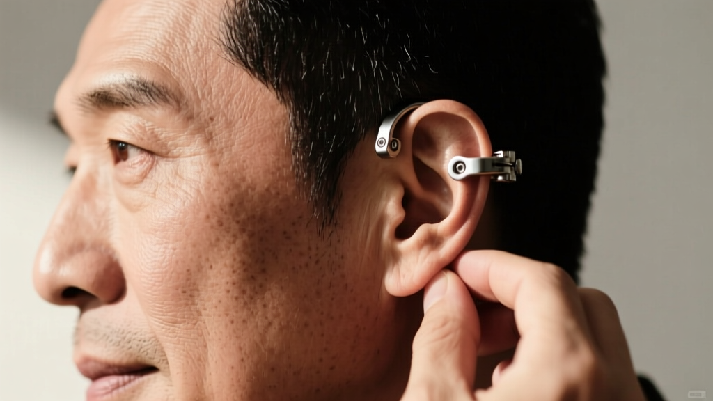 Side profile of a man wearing an adjustable hinge-back ear cuff on the mid-helix, highlighting the secure fit on thick cartilage.