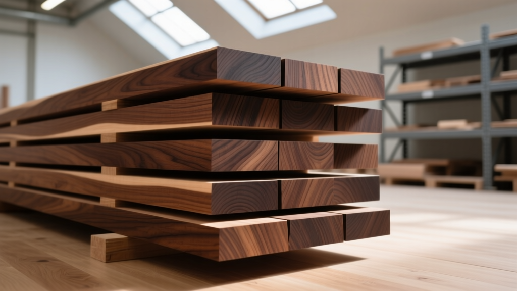 Close-up of stacked FAS grade black walnut lumber showing rich dark brown heartwood and straight grain in a well-lit woodworking shop