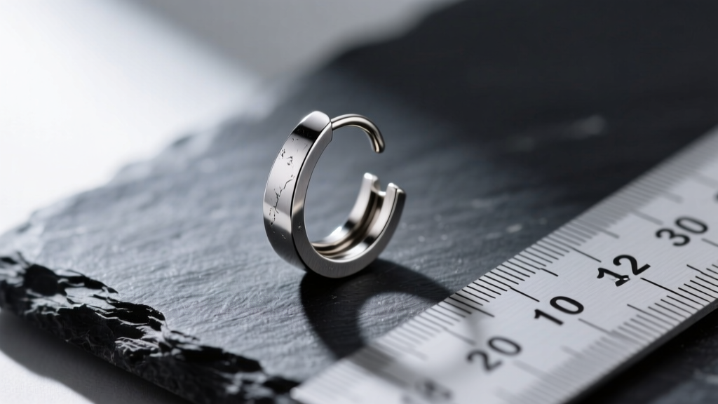 Macro shot of an 18-gauge implant-grade titanium drop earring with a matte finish, resting on a dark slate surface beside a ruler