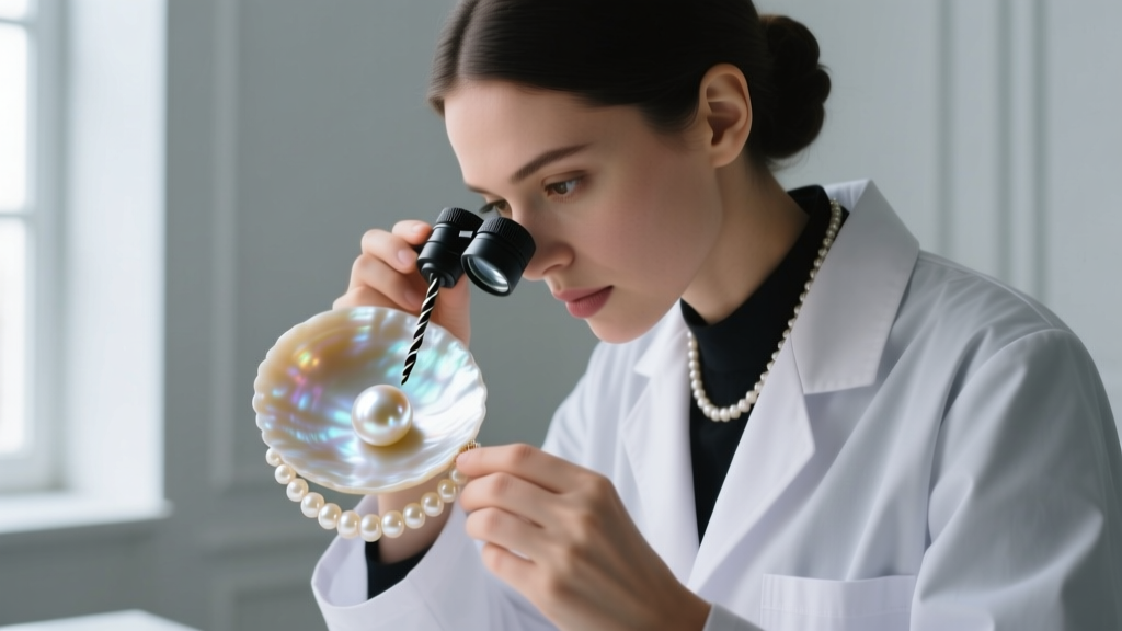Jeweler using a 10x loupe to examine the drill hole of a cultured pearl necklace, revealing the nacre thickness and bead nucleus.