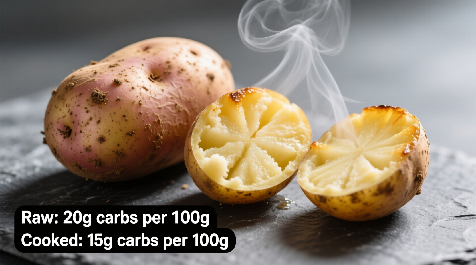 Raw potato next to cooked potato halves showing carb comparison