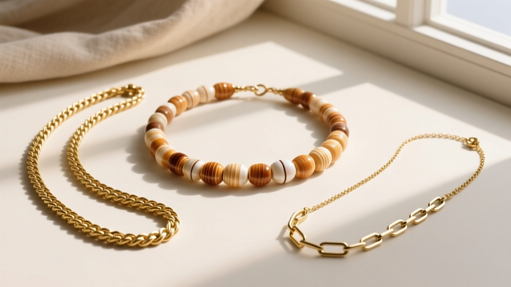 Flat lay of three necklace chains: a 14-inch puka shell choker, a 16-inch gold rope chain, and an 18-inch gold paperclip chain.