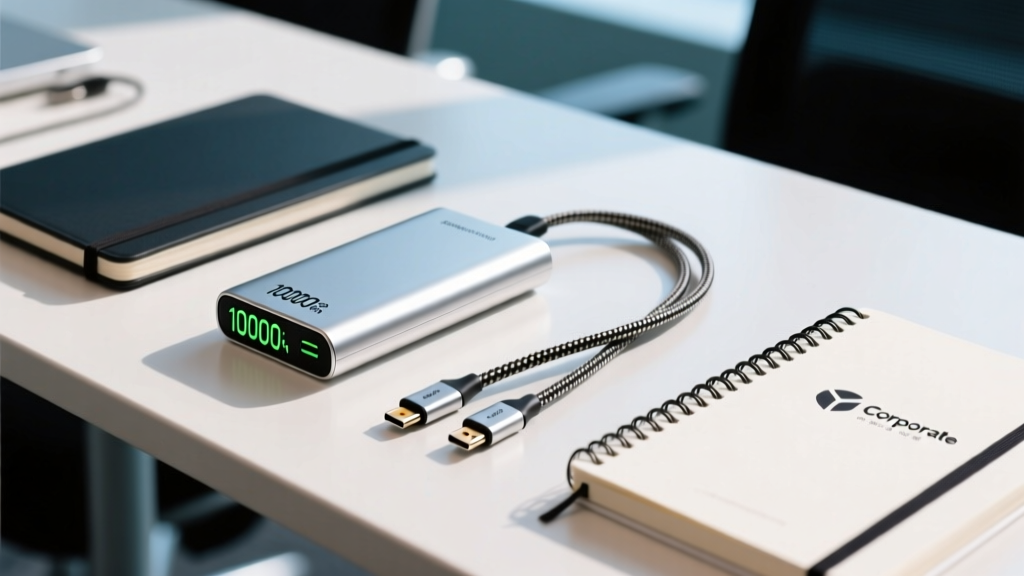 Corporate event table displaying sleek anodized aluminum 10000mAh magnetic power banks and braided USB-C cables next to branded notebooks