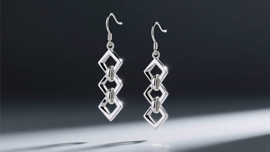Macro photography of 925 sterling silver long dangle earrings with geometric links, suspended against a dark charcoal background.