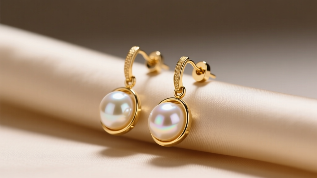 18k gold vermeil and freshwater pearl drop earrings resting on beige silk under soft, warm directional studio lighting setup