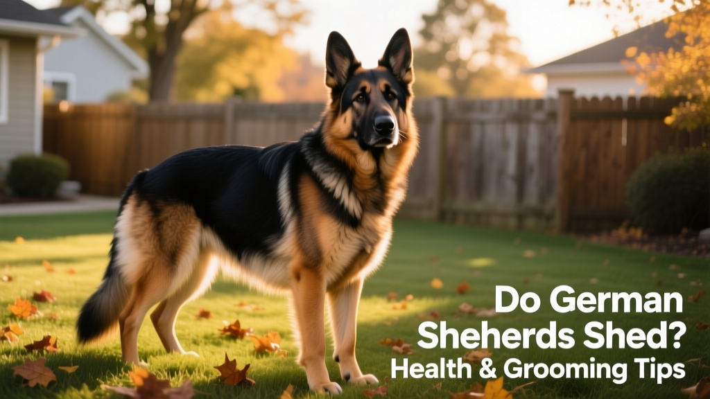 A healthy adult German Shepherd sitting outdoors, showing a full, glossy double coat