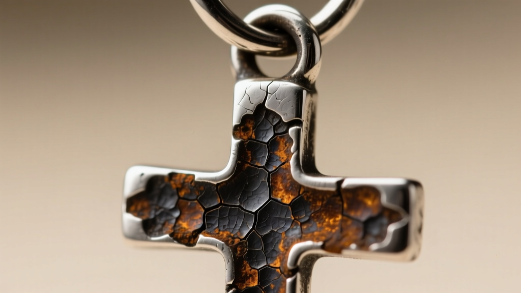 Macro view of a tarnished 925 silver cross pendant bail showing dark sulfur buildup where it rubs against the connecting jump ring.