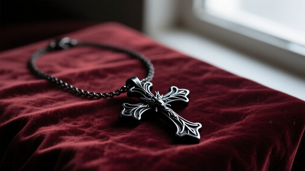 Moody dark academia flatlay of a blackened titanium leviathan cross necklace resting on crushed burgundy velvet with soft shadows