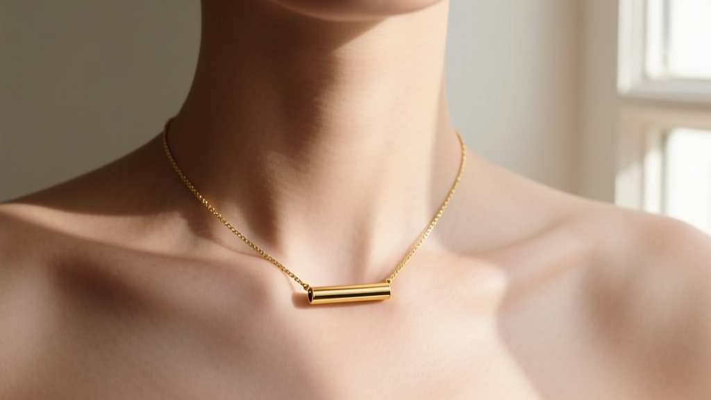 Minimalist 14k gold breath necklace tube pendant resting on a collarbone, soft natural lighting, high fashion editorial style