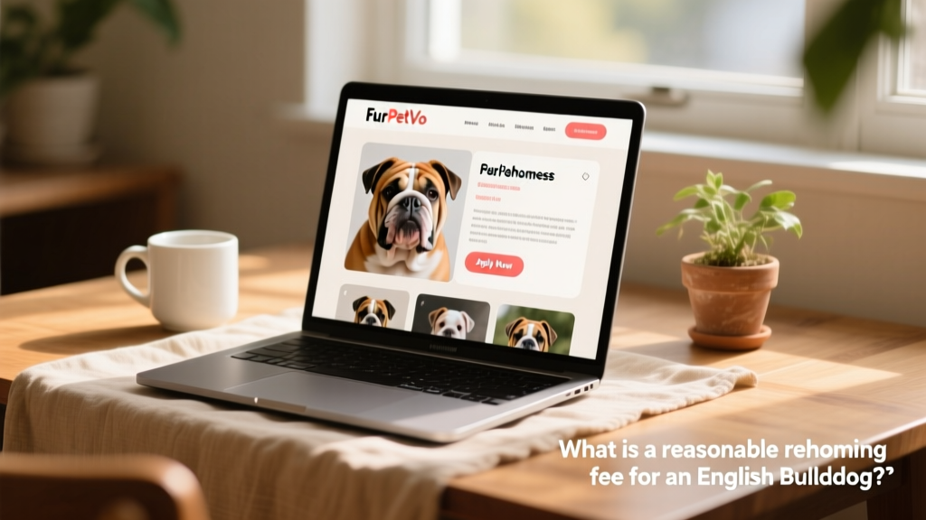 Laptop screen showing the FurPetVo website interface with an English Bulldog profile open, including photos and 'Apply Now' button