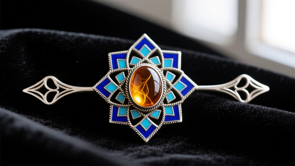 Macro shot of a Moroccan silver fibula pendant with bright blue cloisonné enamel and a polished amber cabochon on dark velvet