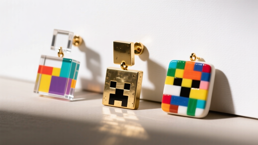 Flat lay of three Minecraft block earrings crafted from lightweight acrylic, heavy brass, and hand-painted polymer clay blocks.