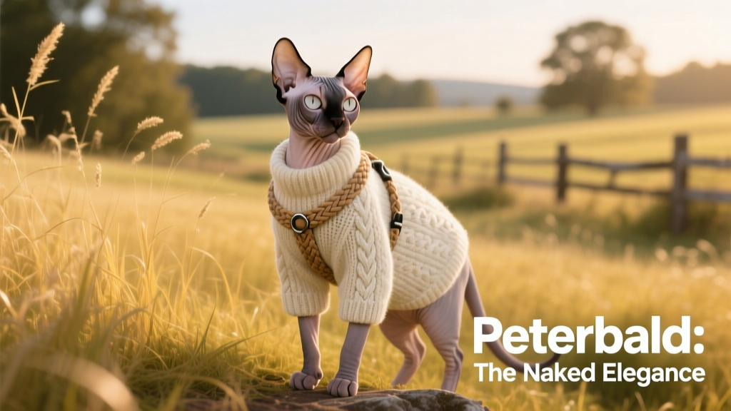 Peterbald cat standing outside near tall grasses wearing a sweater and harness